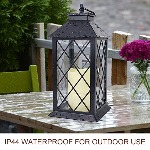 13.5" Black Vintage Candle Lantern with LED Pillar Candle and Timer - IP44 Waterproof Porch Light - Tabletop Lantern Decorative Outdoor - color: Textured Black Vintage Lantern - PP Metallic Coating, size: 13.5" Candle Lantern - Ip44 Waterproof