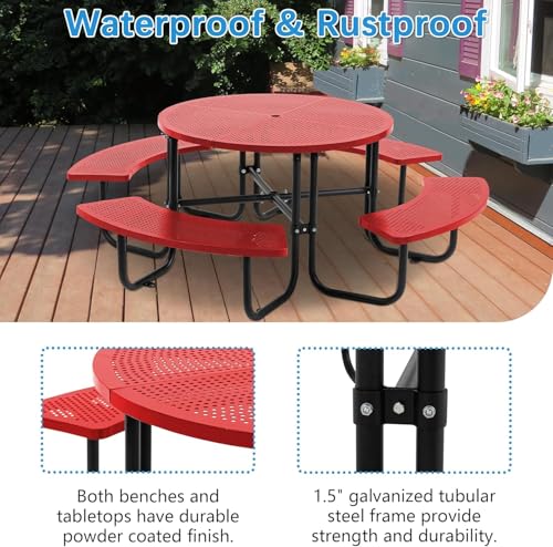 46-inch Red Round Outdoor Picnic Table with Umbrella Hole - Heavy Duty Coated Steel Metal Patio Dining Set for Garden, Courtyard, BBQ & Commercial Use - color: Red-round