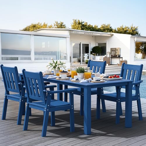 YEFU HIPS Patio Table Set: 5 Piece Outdoor Table and Chairs Dining Furniture Set with Umbrella Hole - Blue Modern Plastic Dining Sets 4 Person for Outside Deck with Metal Aluminum Frame - color: Blue, size: 5 Piece（Rectangular）