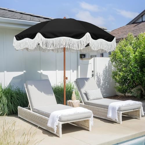 AMMSUN Boho Fringe Umbrella Outdoor Patio, 6.5ft UPF50+ Picnic Umbrella with Tassels with Steel Pole and Push Button Tilt, Noble Black - color: Noble Black