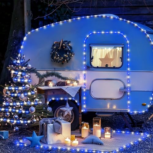 JMEXSUSS 200 LED Solar Rope Lights for Christmas Decor, 72ft IP 65 Outdoor Waterproof Christmas Rope Lights with 8 Modes, Blue and White Solar Christmas Lights for Fence Yard Walkway Christmas - color: Blue and White, size: 200 LED