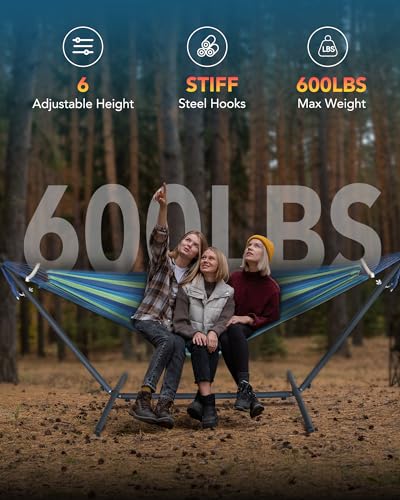 Everyfun Double Hammock with Space-Saving Steel Stand, 2 Person Heavy-Duty Hammock for Garden, Yard or Outdoor, 600lbs Capacity, Wide Blue - color: Wide Blue