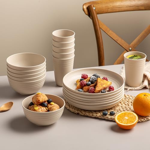 18PCS Wheat Straw Dinnerware Sets Kitchen Dinnerware Set Unbreakable Cups Plates and Bowls Set Lightweight Dish Set Microwave and Dishwasher Safe Dishes