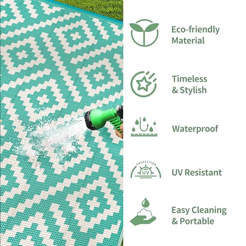 GENIMO Outdoor Rug for Patio Clearance, 6'x9' Waterproof Camping Mat, Reversible Plastic Straw Rugs for RV, Camper, Balcony, Backyard, Picnic, Deck (Lake Green & Beige White) - color: Lakegreen&beigewhite, size: 6' x 9' (Rectangular)