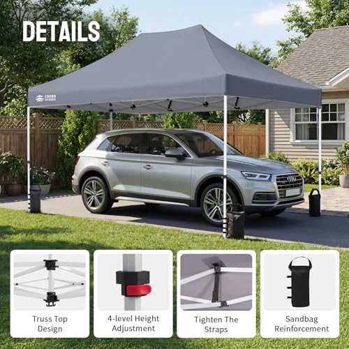 CROWN SHADES 10x15 Pop Up Canopy Tent, Thicken Frame Commercial Heavy Duty Tent, 8 Stakes & 4 Sandbags & 4 Ropes, Outdoor Canopies for Events, Parties,Grey - color: Gray, size: 10x15