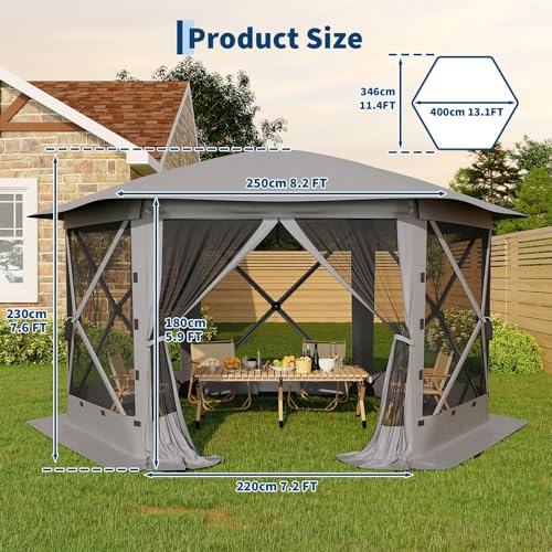 GarveeLife 13x13FT 6-Sided Pop Up Gazebo Tent，One-Push Setup Canopy Tent with Removable Canopy Top & Wind Cloths, Outdoor shelter for Camping, Backyard Parties, Outdoor Events - Grey - color: Gray, size: Removable Top - 13ft