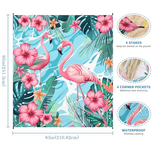 Beach Blanket Waterproof Sandproof, Flamingo Oversized Extra Large Picnic Mat 83"×95"/8 × 7 FT for 1-7 Adults for Travel Camping Hiking, Quick Drying Lightweight Outdoor Beach Vacation Essentials - color: Flamingo