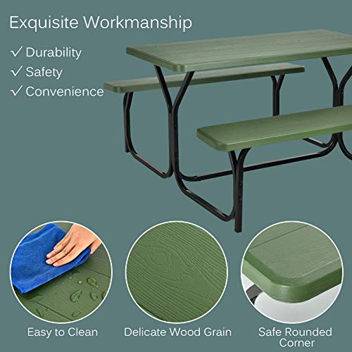 Moccha Picnic Table Bench Set - Portable Plastic Picnic Table w/Steel Frame & Wood-Like Texture, All Weather Heavy Duty Picnic Table Kit, Picnic Tables for Outdoors Garden Patio Party Dining (Green) - color: Green