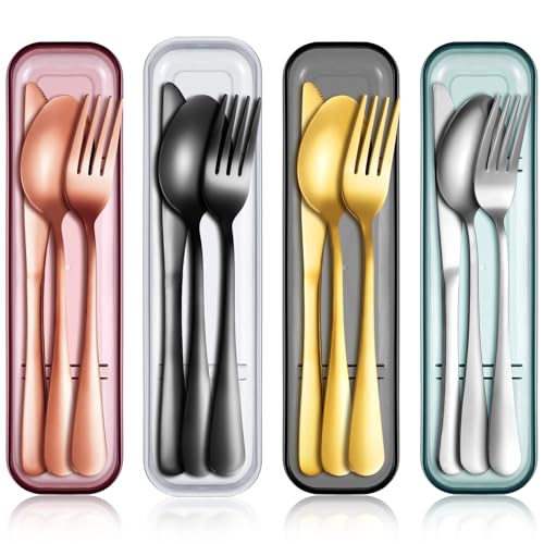 Yinkin 4 Pack Portable Travel Utensils Set with Case Reusable Stainless Steel Silverware Flatware Camping Cutlery Include Fork Spoon Knife for Work School Dishwasher Safe(Clear Series) - color: Clear Series