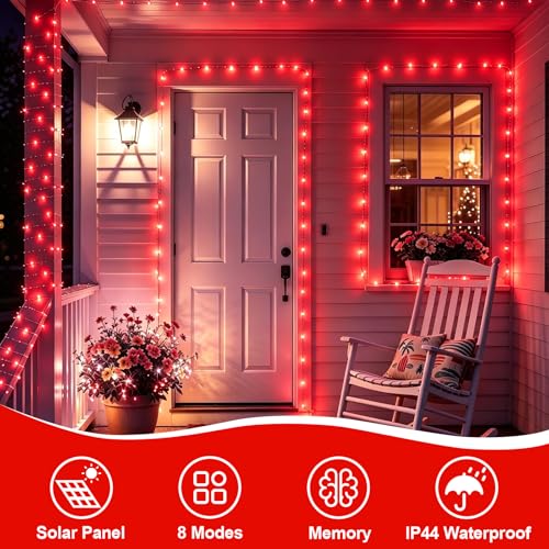 YEGUO 4 Pack Red Solar Fairy Lights, Each 33ft 100 LED Valentines Lights Outdoor Waterproof, 8 Modes Sliver Wire Solar Christmas String Lights - color: Red