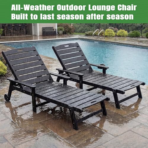 Outdoor Lounge Chair Set of 4 with 5-Position Adjustable, Outside Lounge Chair with Cup Holder, Wheels for Easy Mobility, HDPE Tanning Chair for Poolside, Patio, Black - color: Black, size: 4pc