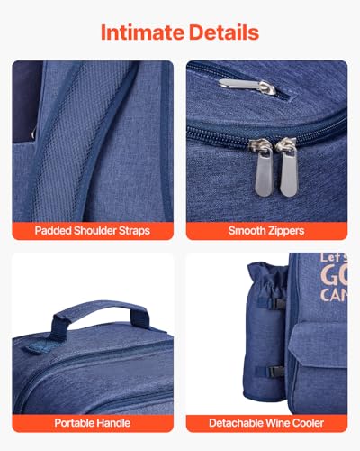 VEVOR Picnic Backpack, Beach Picnic Backpack Bag for 4 Person with Insulated Cooler Compartment, Detachable Bottle/Wine Holder, Lightweight Blanket, Plates and Cutlery Set for Outdoor, Navy Blue - size: single layer for 4 & blue