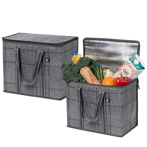 VENO 2 Pack Cooler Bag and Insulated Grocery Bags for Food Delivery, Collapsible Cooler. Reusable Shopping Bags for Groceries with Hard Bottom, Zippered, Foldable, Heavy-Duty (Windowpane, 2 Pack) - color: Windowpane, size: 15.7"W x 12.6"H x 8.7"D - 2 Pack