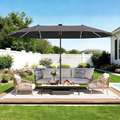 GDPFN 15ft Rectangular Patio Umbrella with Solar LED Lights, Double-Sided Outdoor Market Umbrella with Base Included, Extra Large Shade for Pool, Deck, Backyard, Garden, Dark Gray - color: Dark Gray, size: Base&led