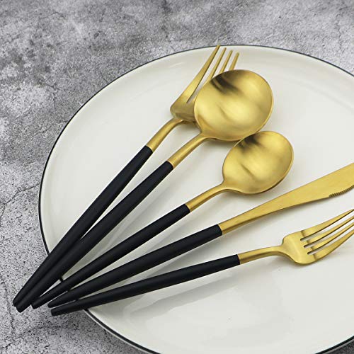 5-Piece 18/10 Stainless Steel Matte Gold Silverware Set, Kitchen Tableware Set, Dishwasher Safe - color: Black Handle Gold, size: Service for 1