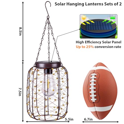 Hanging Solar Lanterns Outdoor Waterproof, Vintage Copper Hanging Lantern Lights for Outside, Solar Chandelier Outdoor Idea for Yard Garden Pathway Gazebo Pergola Porch Decor, 2 Pack
