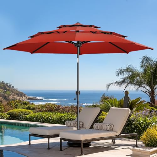 wikiwiki 9ft 3-Tier Patio Umbrella Outdoor Table Market Umbrella for Patio with Push Button Tilt/Crank, Fade Resistant Waterproof POLYESTER Canopy for Garden, Lawn, Deck, Backyard & Pool, Red - color: Red, size: 9 FT