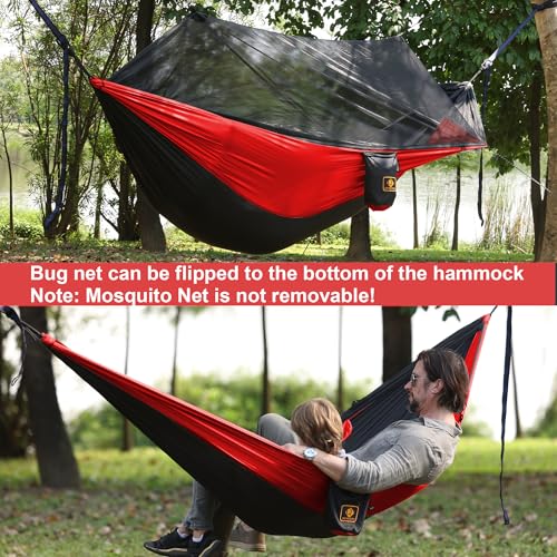 Camping Hammock with Net,Travel Portable Lightweight Hammocks with Tree Straps and Solid D-Shape Carabiners,Parachute Nylon Hammock for Outsides Backpacking Beach Backyard Patio Hiking - color: Black & Red, size: Large