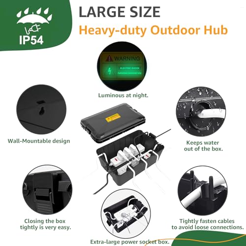 NineLeaf Large Outdoor Electrical Box (12.5 x 8.5 x 5 inch), IP54 Waterproof Extension Cord Cover,Weatherproof Connection Box for Power Strip, Plug, Socket, Timer, Holiday Light Decoration, Black - color: Black, size: 320x210x130mm
