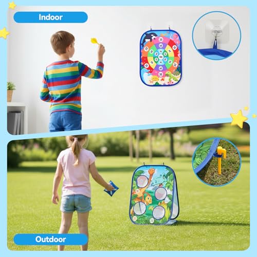 AOSITE Toddler Bean Bag Toss Game for Kids 3-8, 7-in-1 Outdoor Cornhole Board Set with Ring Toss, Sticky Balls Darts, Backyard Lawn Party Games, Birthday for Boys Girls with Storage Bag
