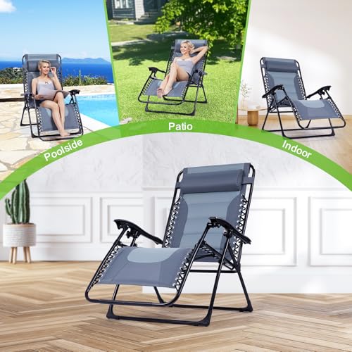 Backyard Expressions Deluxe XL Padded Recliner Zero Gravity Chair – Ergonomic Anti-Gravity Lounger with Folding Design, Side Tray, and Adjustable Headrest - color: Grey/Light Grey