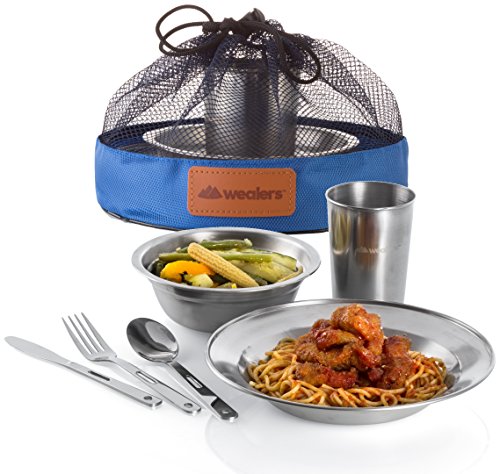 Unique Complete Messware Kit Polished Stainless Steel Dishes Set| Tableware| Dinnerware| Camping| Includes - Cups | Plates| Bowls| Cutlery| Comes in Mesh Bags - style: 2 Person Set Blue
