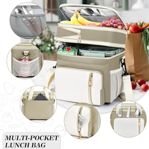 Lunch Box & Lunch Bag for Women Men, Large Insulated Adult Lunch Box Leakproof Lunchbox Cooler Bag for Work Picnic Beach,16L, Beige & White - color: Sand Beige
