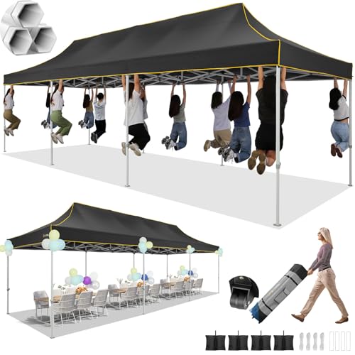 HOTEEL 10x30 Pop up Canopy Tent for Parties, Heavy Duty Easy Setup Tent Without Sidewalls, Outdoor Commercial Instant Gazebo for Wedding Event, with Portable Bag, Black(Hexagonal Frame) - color: Black, size: 10x30FT (No Walls)