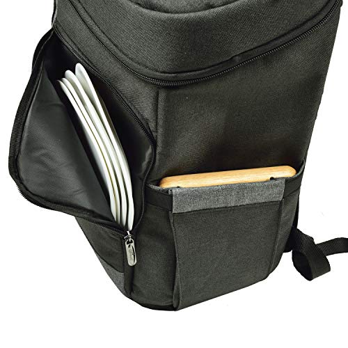 Picnic at Ascot Cooler Backpack for 4 with Plates, Glasses, Hardwood Board, Cheese Knife & Corkscrew - Large 30 Can Capacity- Lightweight, Insulated & Leak-Proof - size: Charcoal with picnic accessories