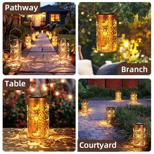 DIBIEECN Mothers Day Gifts for Mom, Birthday Gifts Grandma Ladies Solar Lanterns Outdoor Hanging Hollowed-Out Metal Waterproof LED Garden Decor Outside for Patio Yard Porch, Sun and Moon, 1 Pack - style: Star Moon