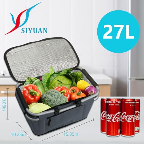 SIYUAN Collapsible Picnic Basket Insulated with Lid 27L Large Capacity Reusable Portable Folding Market Shoping Bag with Handles for Grocery - color: Dark Grey