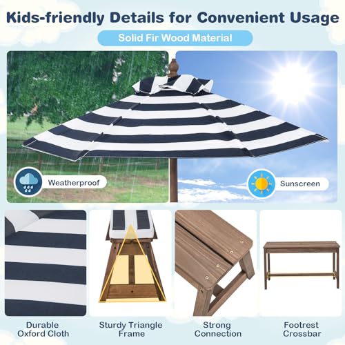 KOTEK Kids Picnic Table with Umbrella Foldable, Backyard Wooden Table & Bench Set w/Removable Cushions, Activity Art Play Table, Indoor Outdoor Toddler Picnic Table for Patio, Lawn & Garden (Blue) - color: Blue