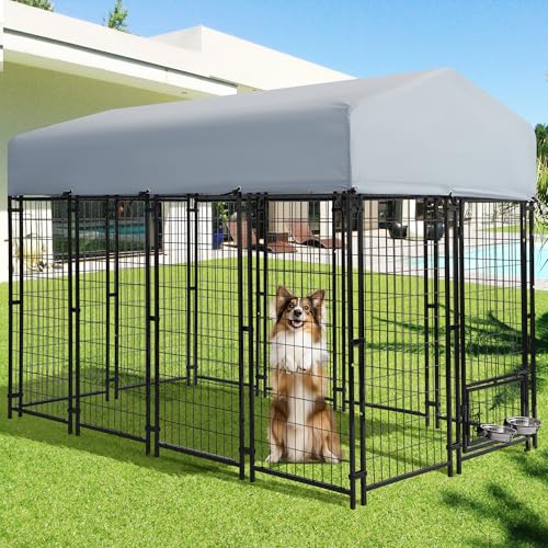 Grepatio 8x4x5.7 FT Outdoor Dog Kennel with Roof, Heavy Duty Dog Cage for Large Dogs, Outside Dog Enclosure with 2 Rotating Dogs Bowls, Welded Wire Steel Dog Kennel Run Playpen Fence with Secure Lock