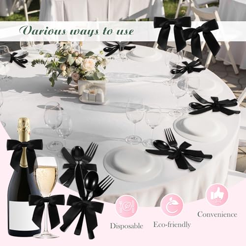 Minatee 25 Sets Black Plastic Cutlery Set with Twist Tie Bows, Heavy Duty Tableware Disposable Forks Knives Spoons Silverware Utensils Set for Coquette Birthday Bow Party Table Setting Picnics - color: Black