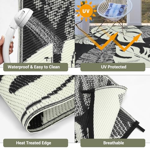 Waterproof Outdoor Patio Rug 8x10 ft, Reversible Plastic Straw Area Rug, Camping Rug Carpet, Portable Outdoor Area Rug, for RV, Camper, Deck, Balcony, Porch, Beach, Picnic - Black and Rice - color: Black & Beige, size: 10' x 8' (Rectangular)
