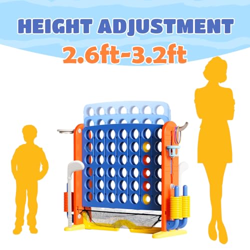 Giant 4-in-A-Row Connect Game Set, Adjustable Height Jumbo Yard Game with Golf, Basketball Hoop, Ring Toss & Mesh Pocket, Indoor & Outdoor Yard Connect Game for Kids Adults Family - color: Blue