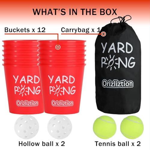 Giant Yard Pong Outdoor Game for Adults & Family, Yard Toss Throwing Game for Beach, Camping Party, Lawn Yard Game with 12 Premium Buckets & 4 Balls, Portable Durable Carry Bag