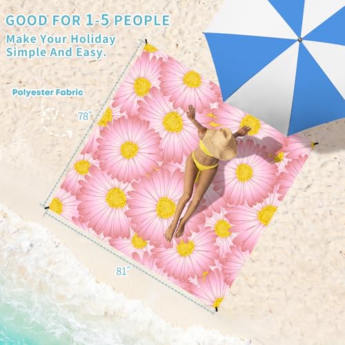 Beach Blanket Waterproof Sandproof 78''×81'' Large Suits 1-5 Adults Oversized Lightweight Picnic Mat Sand-Free Blanket for Camping Hiking Beach Travel - color: Pink Daisy, size: 78''x81''