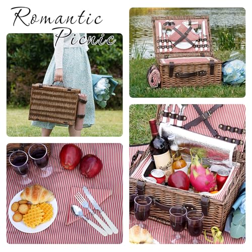Picnic Basket Set for 4 Persons with Cooler and Waterproof Picnic Blanket, Classical Wicker Picnic Baskets with Waterproof & Sand-Proof Beach Mat,Willow Hamper Service Gift Set - size: 15.55" for 4 Persons with Cooler