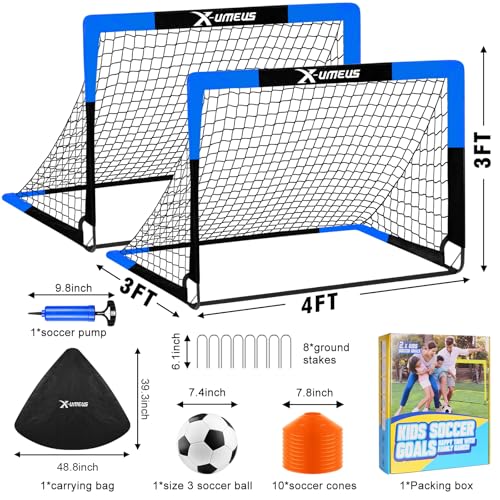 Kids Soccer Goals for Backyard Set of 2, 4 x 3 ft/6 x 4 Toddler Soccer Goal Training Equipment with Soccer Ball, Cones, Pop Up Soccer Net for Kids Age 3-5 4-6 6-8 8-12 10-12 Outdoor Games Sports Gifts - color: Blue, style: 4' x 3'
