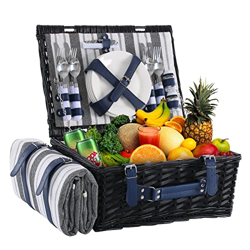 Wicker Picnic Basket for 4 with Waterproof Picnic Blanket and Insulated Cooler, Willow Hamper for Camping, Outdoors, Photoshoot, or a Birthday, Mother's Day, Wedding Gift, Black - color: Grey＆white Stripe
