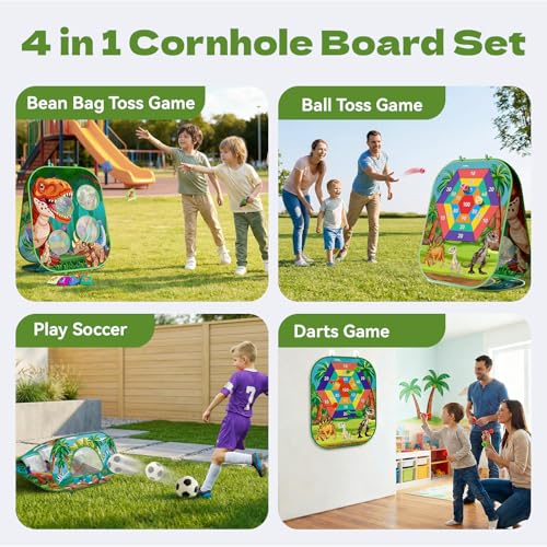 4-in-1 Dinosaur Bean Bag Toss Game for Kids, Cornhole Board Set with Dart Board for Toddler Outdoor Toys, Family Party Game Backyard Beach Lawn Activities Gift for Boys & Girls Ages 3 4 5 6 7 8 - color: Dinosaur