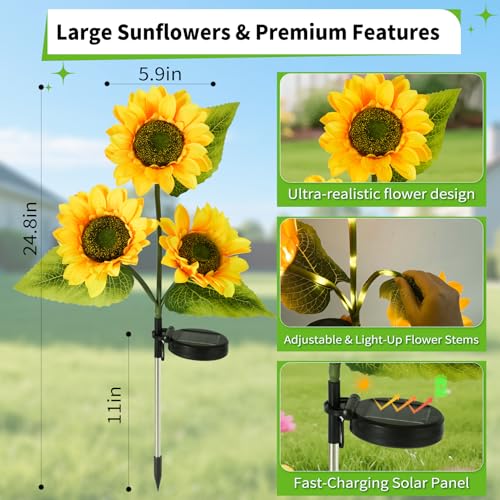 4-Pack Solar Sunflower Garden Decor, 12 LED Flower Stake Lights - Waterproof Long-Lasting Outdoor Solar Patio Decor for Lawn, Yard & Pathway - color: 4 Pack