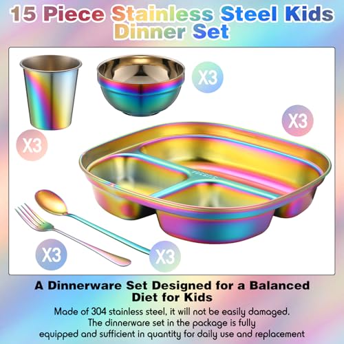 Tioncy 15 Pcs Stainless Steel Kids Dinner Set, Bowls, Balanced Bites Divided Plates, Cups, Spoons and Forks, Stainless Steel Lunch Plates Dinnerware Set for Kids Toddlers (Classic) - style: Classic