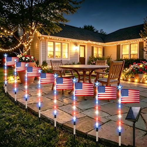 8 Pack Solar American Flag Pathway Lights - Patriotic Red White Blue Outdoor Stake Waterproof LED Lights with 8 Modes, Decorations 4th of July Memorial Day & Independence Day Yard Garden (Style A) - color: Style A