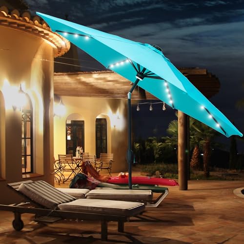 GDY 10Ft Patio Umbrella, Table Umbrella with 40 LED Lights, Outdoor Umbrellas for Patio, with Tilt and Crank, Center Light, for Garden, Deck, Backyard, Pool, and Beach. - color: Blue
