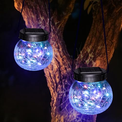 kolpop 2 Pack Solar Lantern Outdoor Lights, Multi-Coloured Solars Lanterns with 30 LED, Crackle Glass Ball Waterproof Hanging Solar Lights for Garden Decor Patio Fence Yard Christmas Tree Decoration - color: Multicolor, size: 2 Pack