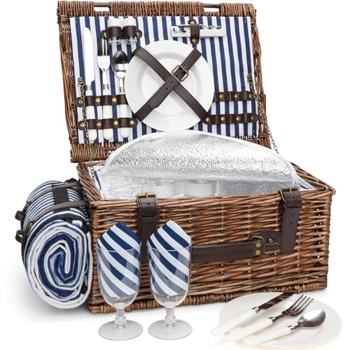 Picnic Basket for 2 Persons - Baskets with Cooler and Picnic Blanket, Classical Wicker Picnic Basket with Waterproof & Sand-Proof Beach Mat,Willow Hamper Service Set - size: 15.43" for 2 Persons with Cooler