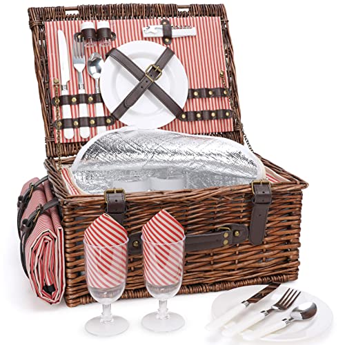 Picnic Basket Set for 2 Persons with Cooler and Waterproof Picnic Blanket, Classical Wicker Picnic Baskets with Waterproof & Sand-Proof Beach Mat,Willow Hamper Service Gift Set - size: 15.45" for 2 Persons With Cooler