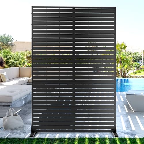 FENCY Metal Privacy Screen with Stand 72" H×44" W Outdoor Freestanding Privacy Panels, Outdoor Privacy Screen for Deck Patio Balcony(Black-Louvered) - color: Black-Louvered, size: 72" H×44" W
